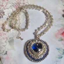 Blue Sapphire necklace embroidered with Swarovski crystal heart, Miyuki silver seed beads, bezels, 925/1000 silver clasp and extension chain